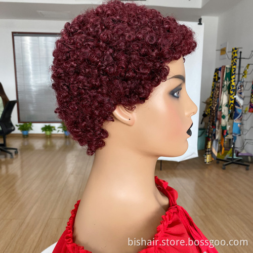 Wholesale Short Afro Curly Human Hair Wigs For Black Women Brazilian Short Pixie Cut Full Machine Made Wig 99J Remy Hair